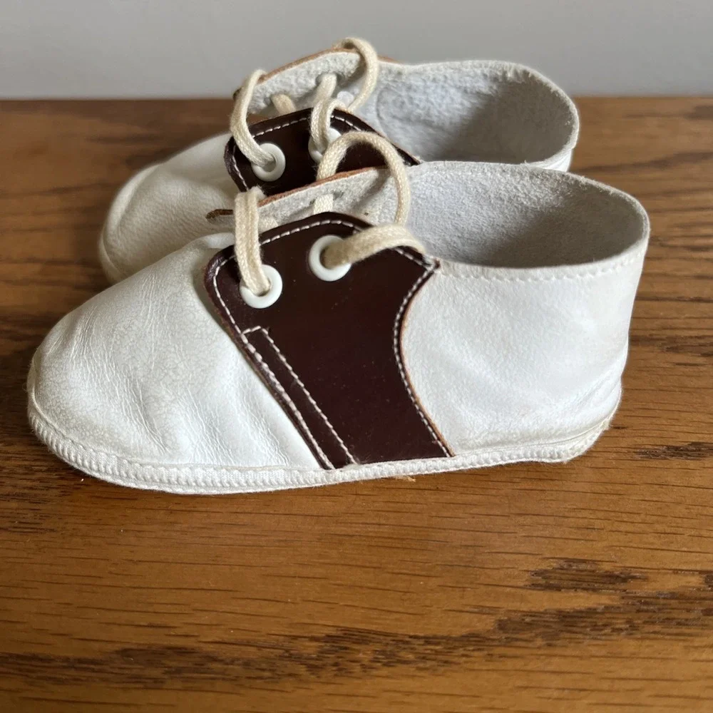 Vintage‎ Mrs. Days Ideal Infant Saddle Shoes Sz 1 Soft Leather Brown White w/box